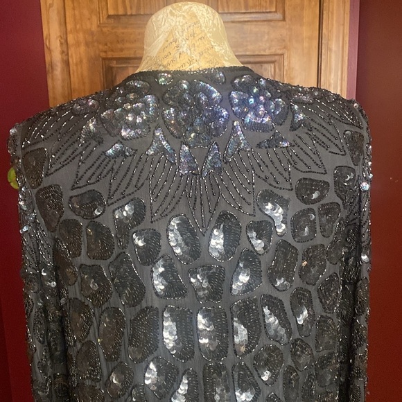 VNTG 60s Mark & John by Gopal Black n opalescent Sequin Beaded Silk Jacket Sz L - Picture 9 of 16